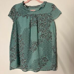Joie Teal Floral Cap-Sleeve Ruffle Neck Blouse